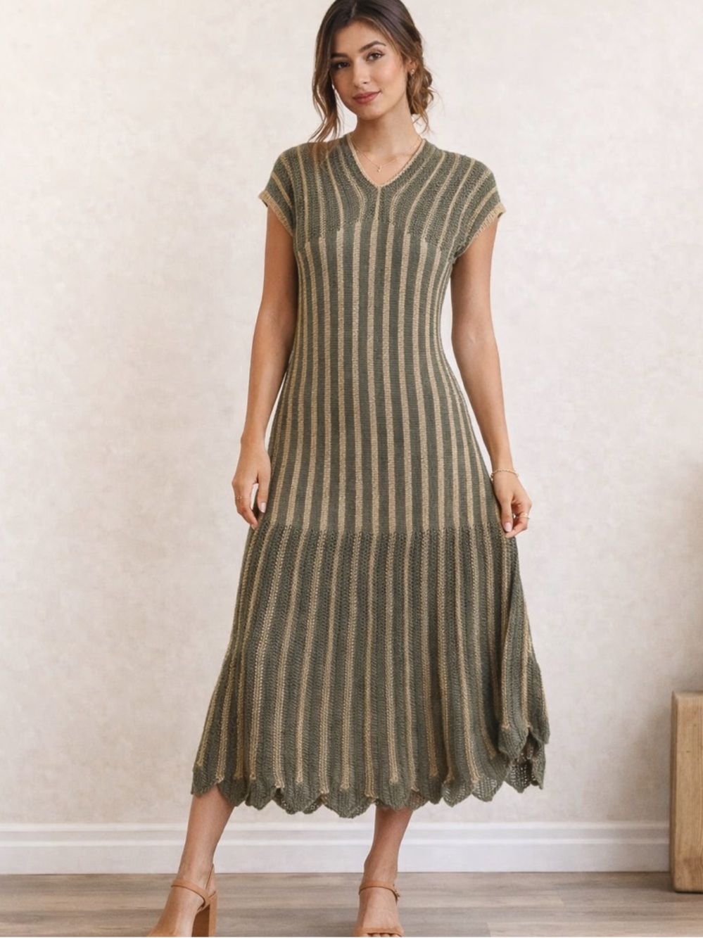 Floris Italy Knit Mini Dress Olive Beige Stripe Cap Sleeve S/M NWT Beach coverup